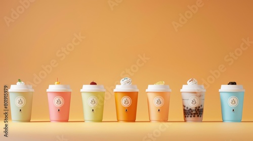 Bubble tea takeaway cups lined up, with bold brand logo visible, perfect for takeaway service or fast food chain advertisements