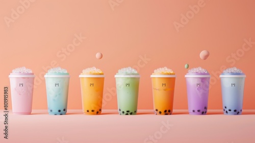 Bubble tea takeaway cups lined up, with bold brand logo visible, perfect for takeaway service or fast food chain advertisements