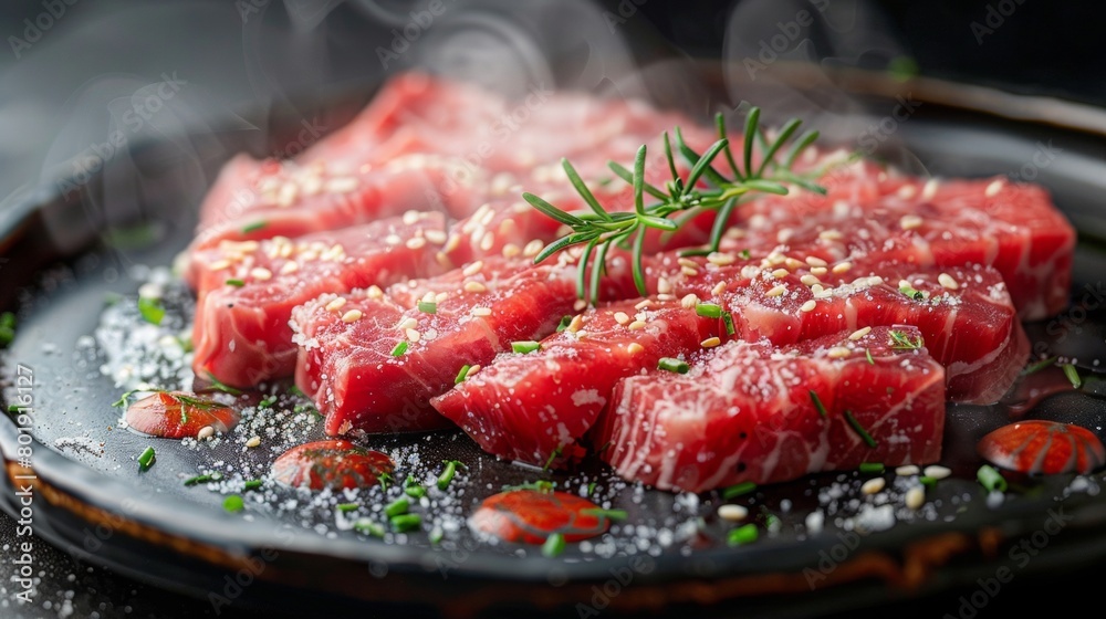 In the center of the frame is a table, on which there is A plate of sliced beef, delicately plated, with a clear texture of the beef, red and white, looks appetizing, The picture has depth of field