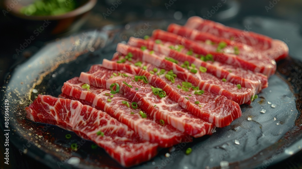 In the center of the frame is a table, on which there is A plate of sliced beef, delicately plated, with a clear texture of the beef, red and white, looks appetizing, The picture has depth of field In the center of the frame is a table, on which there is A plate of sliced beef, delicately plated, with a clear texture of the beef, red and white, looks appetizing, The picture has depth of field