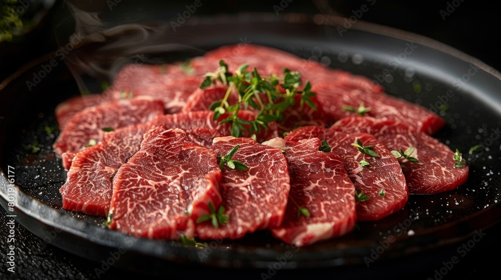 In the center of the frame is a table, on which there is A plate of sliced beef, delicately plated, with a clear texture of the beef, red and white, looks appetizing, The picture has depth of field In the center of the frame is a table, on which there is A plate of sliced beef, delicately plated, with a clear texture of the beef, red and white, looks appetizing, The picture has depth of field