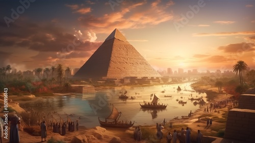Ancient egypt civilization  people and workers building pyramids. Historic event  monument by nile river.