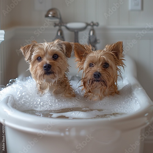 Two cute dogs take a bath in a bathtub full of foam.