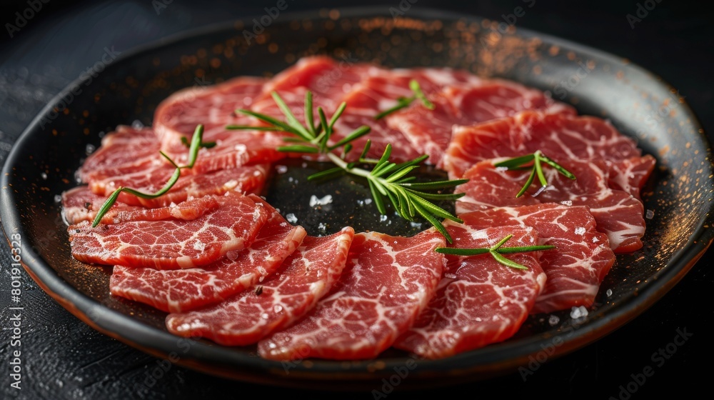 In the center of the frame is a table, on which there is A plate of sliced beef, delicately plated, with a clear texture of the beef, red and white, looks appetizing, The picture has depth of field