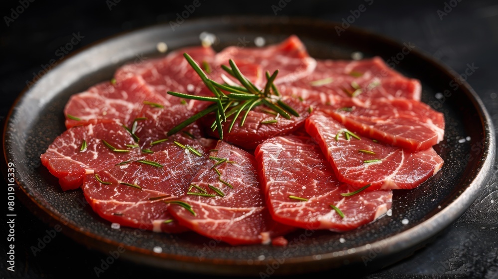 In the center of the frame is a table, on which there is A plate of sliced beef, delicately plated, with a clear texture of the beef, red and white, looks appetizing, The picture has depth of field In the center of the frame is a table, on which there is A plate of sliced beef, delicately plated, with a clear texture of the beef, red and white, looks appetizing, The picture has depth of field