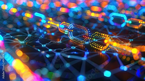 Vibrant neon lights tracing blockchain lines
