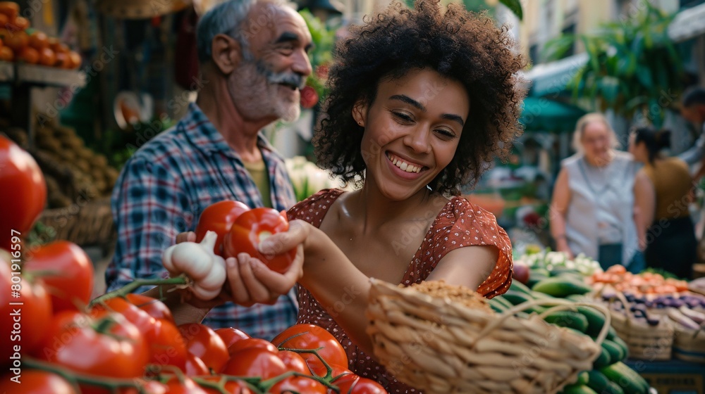 Obraz premium A woman is smiling as she holds a tomato in her hand