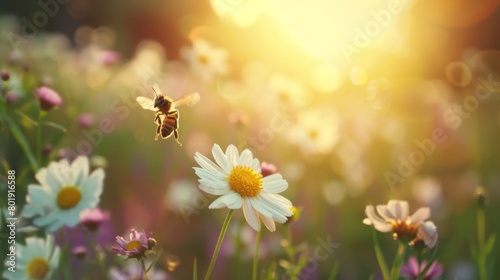 Bee flying over wildflowers in a meadow, peaceful and serene, perfect for wellness retreats or natureinspired product ads