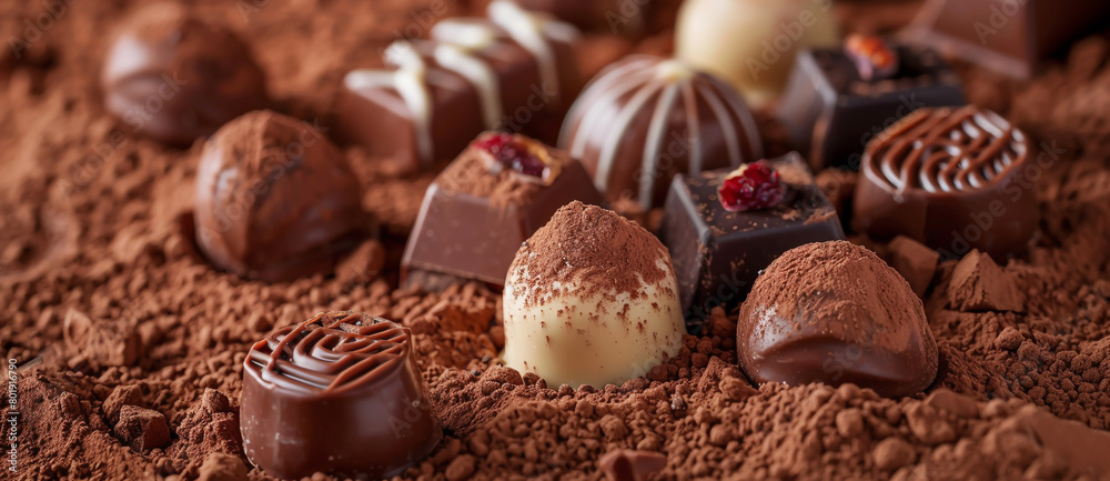 A closeup of chocolate pralines on the ground covered with cacao powder A closeup of chocolate pralines on the ground covered with cacao powder