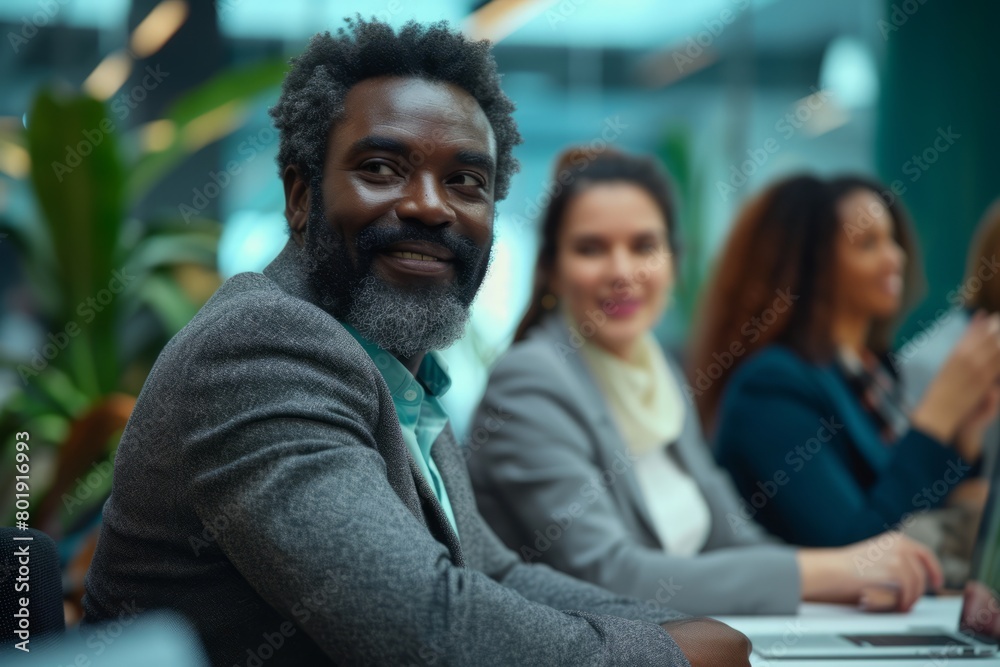 Portrait of a smiling African-American businessman sitting in front of his colleagues Portrait of a smiling African-American businessman sitting in front of his colleagues