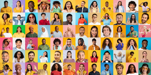 An engaging sequence of individuals representing multiracial diversity and a spectrum of emotions against vivid backgrounds photo