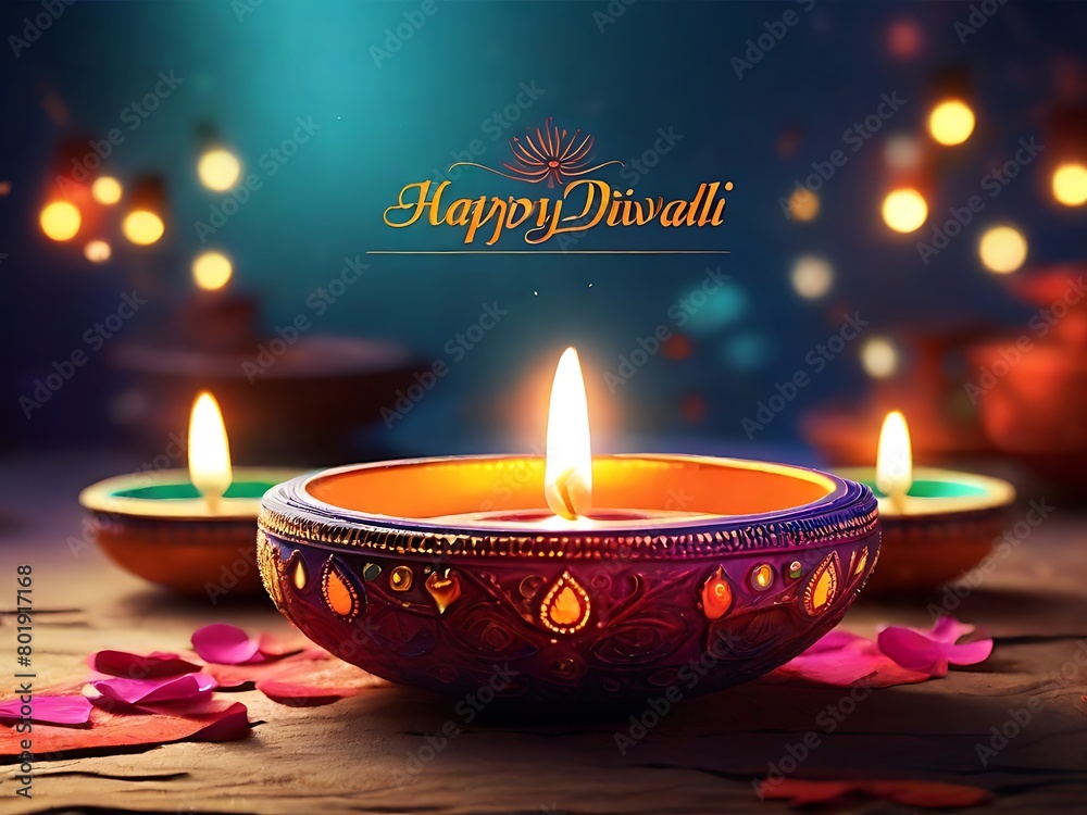 Happy Diwali - Lit diya lamp on street at night. Happy Diwali festival with oil lamp Happy Diwali - Lit diya lamp on street at night. Happy Diwali festival with oil lamp