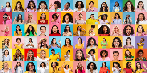 An array of joyous women from around the world smiling brightly, representing unity and diverse beauty