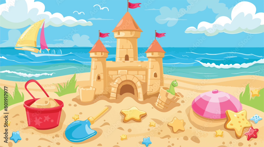 Sandcastle with shovel and bucket toys vector illustration