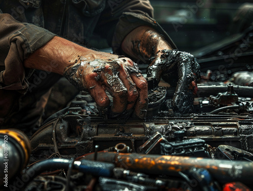 A mechanic's greasy hands working on a car engine, tools scattered around, in a busy garage setting.