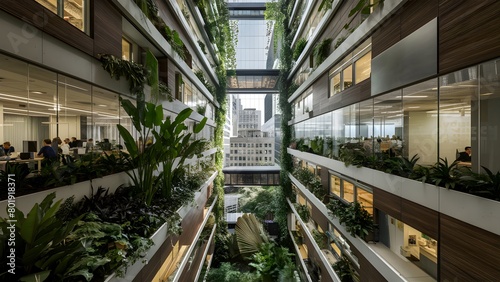 Eco-friendly building in the modern city. Eco-friendly modern office building with green garden. Eco-friendly glass office building.