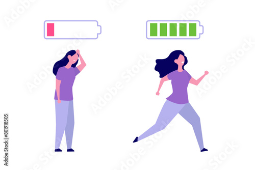 Woman vital energy appy and unhappy female concept. Cartoon vector illustration