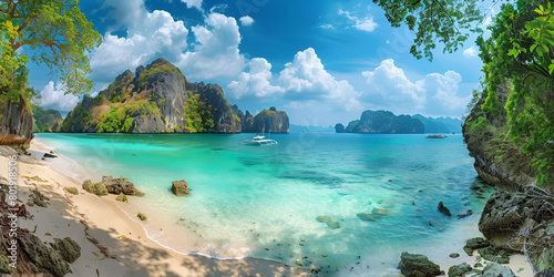 Green sea and blue sky with sun at beach, Trang Scenic view of an island chain in the Andaman Sea.  photo