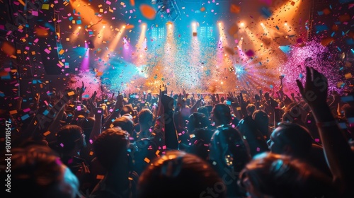 Panoramic shot of a vibrant nightclub audience cheering under colorful stage lights and confetti  set against a dark background  captured in hyperrealistic detail 