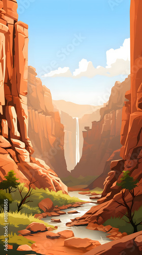 Canyon Cascade, Afternoon Light Cascading Down Canyon Rim, Nature Masterpiece Unveiled, Realistic Canyon Landscape. Vector Background