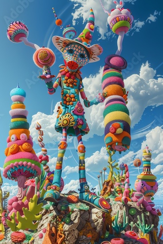 A whimsical and colorful 3D rendering of a strange and wonderful creature  adorned with vibrant patterns and surrounded by a surreal landscape of candy-coated mountains and peculia