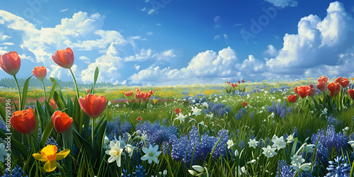 Colorful natural flower meadows landscape with blue sky in summer and spring.  © hamzarao