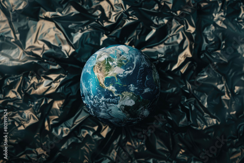 A globe placed on top of a pile of plastic garbage.  