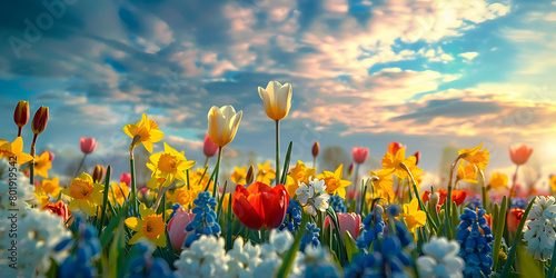 Colorful tulip flowers blooming in the garden. spring landscape.  © hamzarao