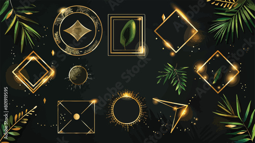 Set of geometrics golden frames and leafs Vector illustration