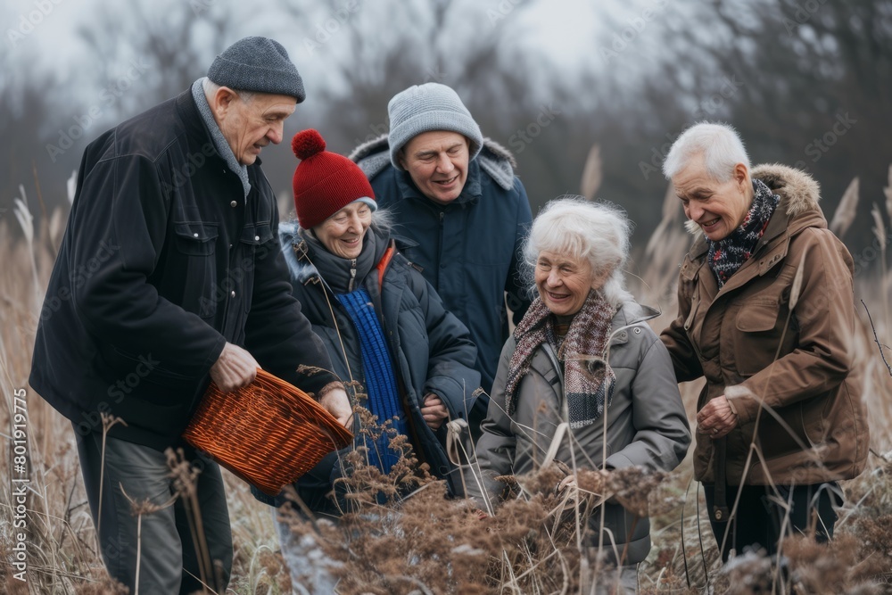 Group of seniors walking in the autumn forest with a basket of mushrooms. Group of seniors walking in the autumn forest with a basket of mushrooms.