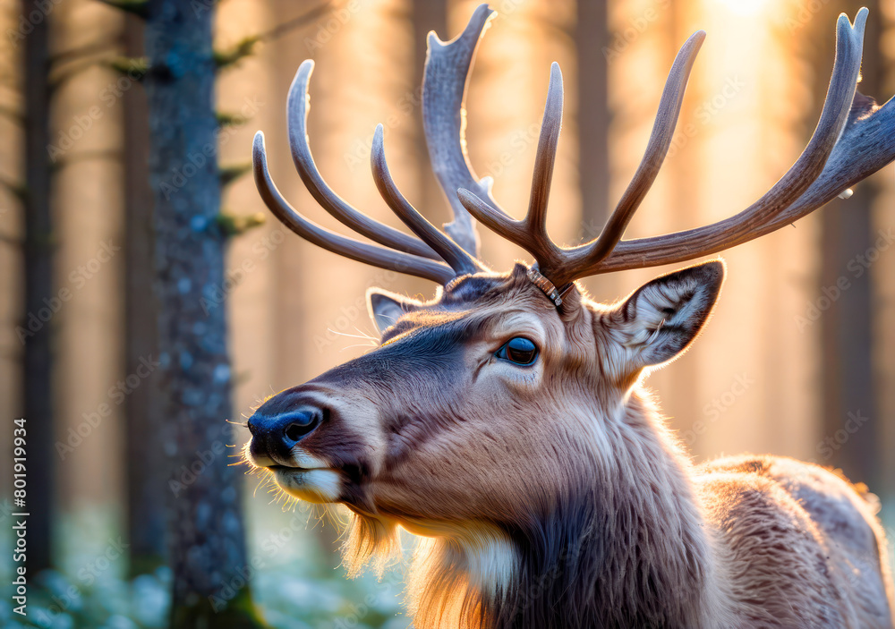 Fototapeta premium deer with a wary look in the forest. reindeer standing in a serene winter forest