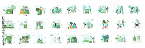 Vector set with flat illustrations on a white isolated background on the theme of ecology and environmental protection, clean energy production, biofuel, clean wind and solar energy.