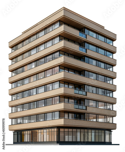 Modern apartment building with balconies and reflections, cut out - stock png.