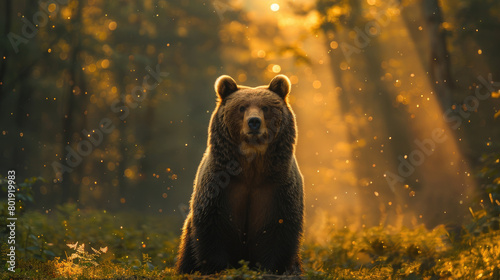 Portrait of a bear standing in the middle of a foggy forest under the sunlight in the morning