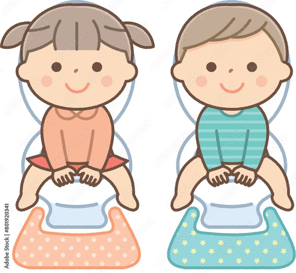 洋式トイレで用を足す男の子と女の子 洋式トイレで用を足す男の子と女の子