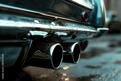 A close-up shot of the exhaust pipe of a vintage car, illustrating the concept of air pollution.   © kalafoto