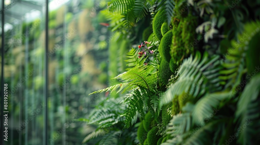 A glass wall inside the modern building showcases the intricate details of the vertical gardens growing within lush fern moss. A glass wall inside the modern building showcases the intricate details of the vertical gardens growing within lush fern moss.