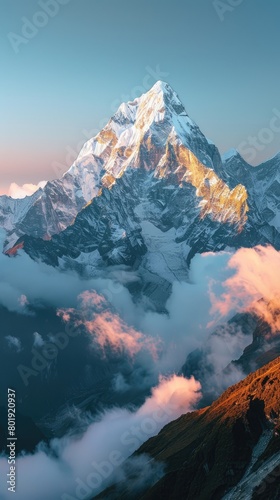 The sunrise in the sacred land of Shangri La, with peaks connecting the clouds above, creates an epic Himalayan landscape with bright colors, clean blue photo