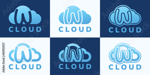 Set of letter W blue cloud logo. This logo combines letters and cloud shapes. Suitable for internet companies, apps, digital storage and the like.