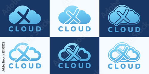 Set of letter X blue cloud logo. This logo combines letters and cloud shapes. Suitable for internet companies, apps, digital storage and the like.