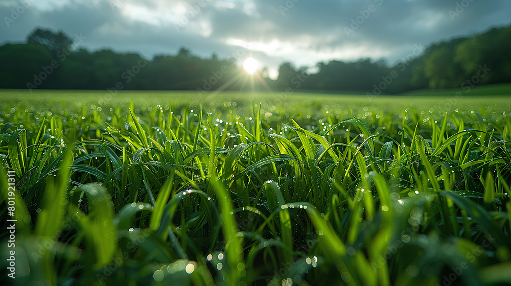 A green grass field with dew drops on it, the sun is rising in the background, shot from ground level with a low angle. Ai Generative