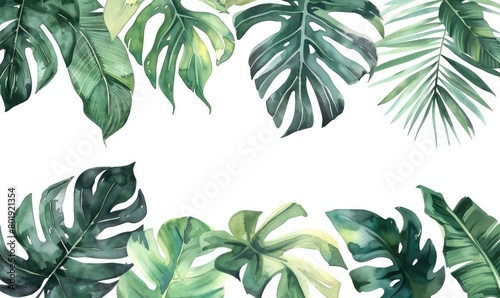 Watercolor banner tropical leaves and branches isolated --ar 5 3 --style raw