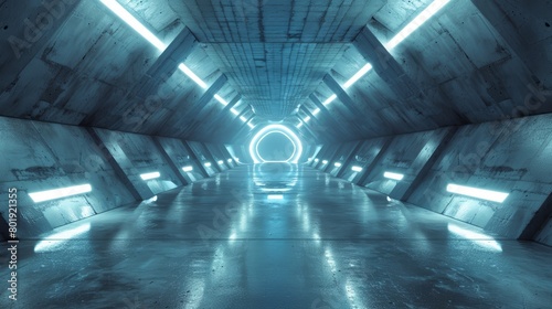 Sci-fi inspired futuristic tunnel in a grunge concrete setting, with reflective flooring and glowing blue-white LED lights, perfect for 3D renderings of advanced urban environments #801921355