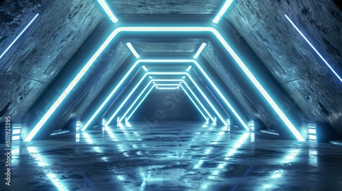 Sci-fi inspired futuristic tunnel in a grunge concrete setting, with reflective flooring and glowing blue-white LED lights, perfect for 3D renderings of advanced urban environments