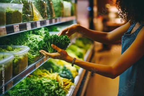 Person shopping for ingredients to prepare a meal with kale alternative noodles, promoting the idea of mindful and health-conscious grocery shopping photo
