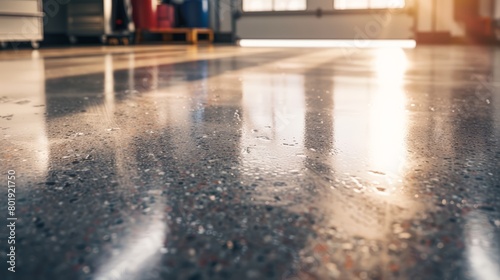 Realistic close-up of a clean and polished garage floor, highlighting its stain-resistant finish and suitability for heavy-duty use photo