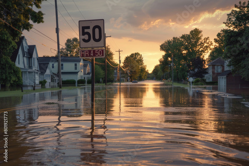 A speed limit sign partially submerged in floodwaters, with a residential area in the United States flooded.

 photo