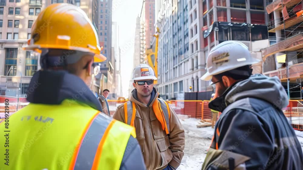 A group of workers at a construction site in an urban area A group of workers at a construction site in an urban area