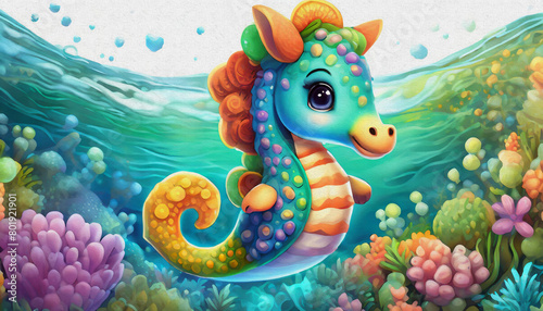 oil painting style CARTOON CHARACTER CUTE baby A whimsical seahorse swimming in the ocean depths.