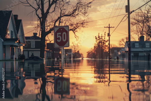 A speed limit sign partially submerged in floodwaters, with a residential area in the United States flooded.

 photo